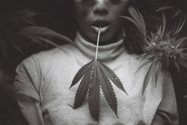 Black and white film image of a woman holding a hemp leaf in her mouth.